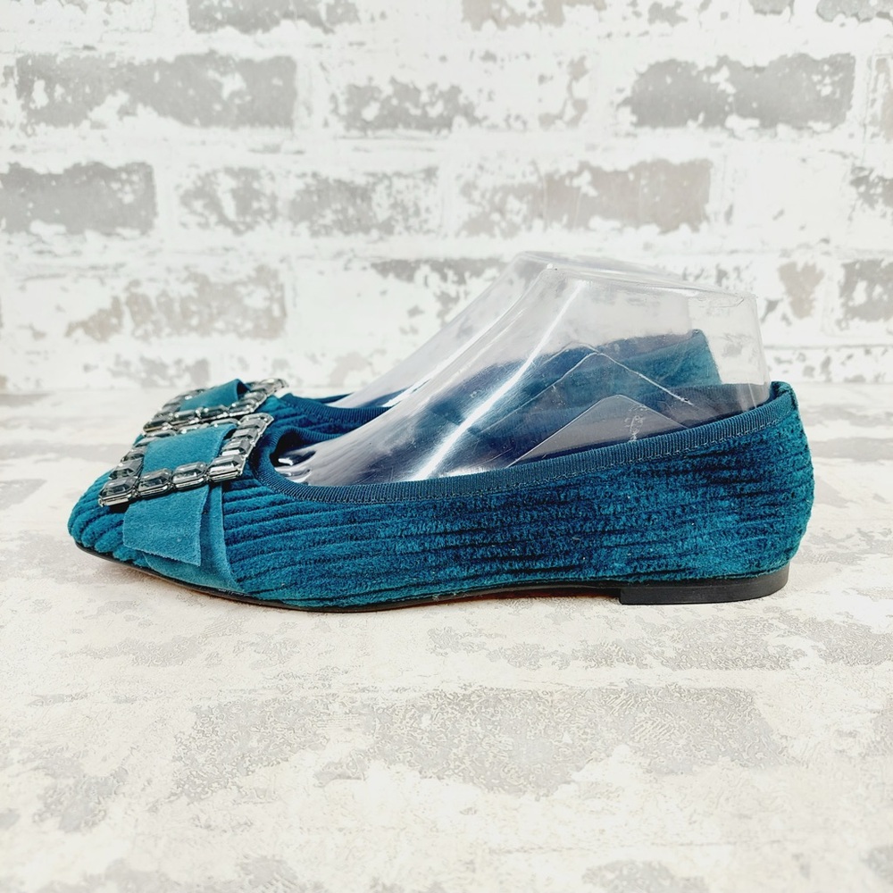 NEW Libera Mente Teal Blue Velvet Buckle Embellished Flats Made in Italy V210